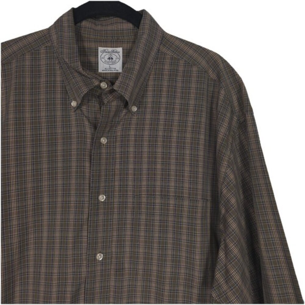 Brooks Brothers Sport Shirt Men's LARGE All Cotton Plaid Brown Button Down